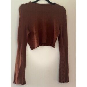 SHEIN Top Womens Size M Brown Ribbed Knit Cropped Long Sleeve Lettuce Hem